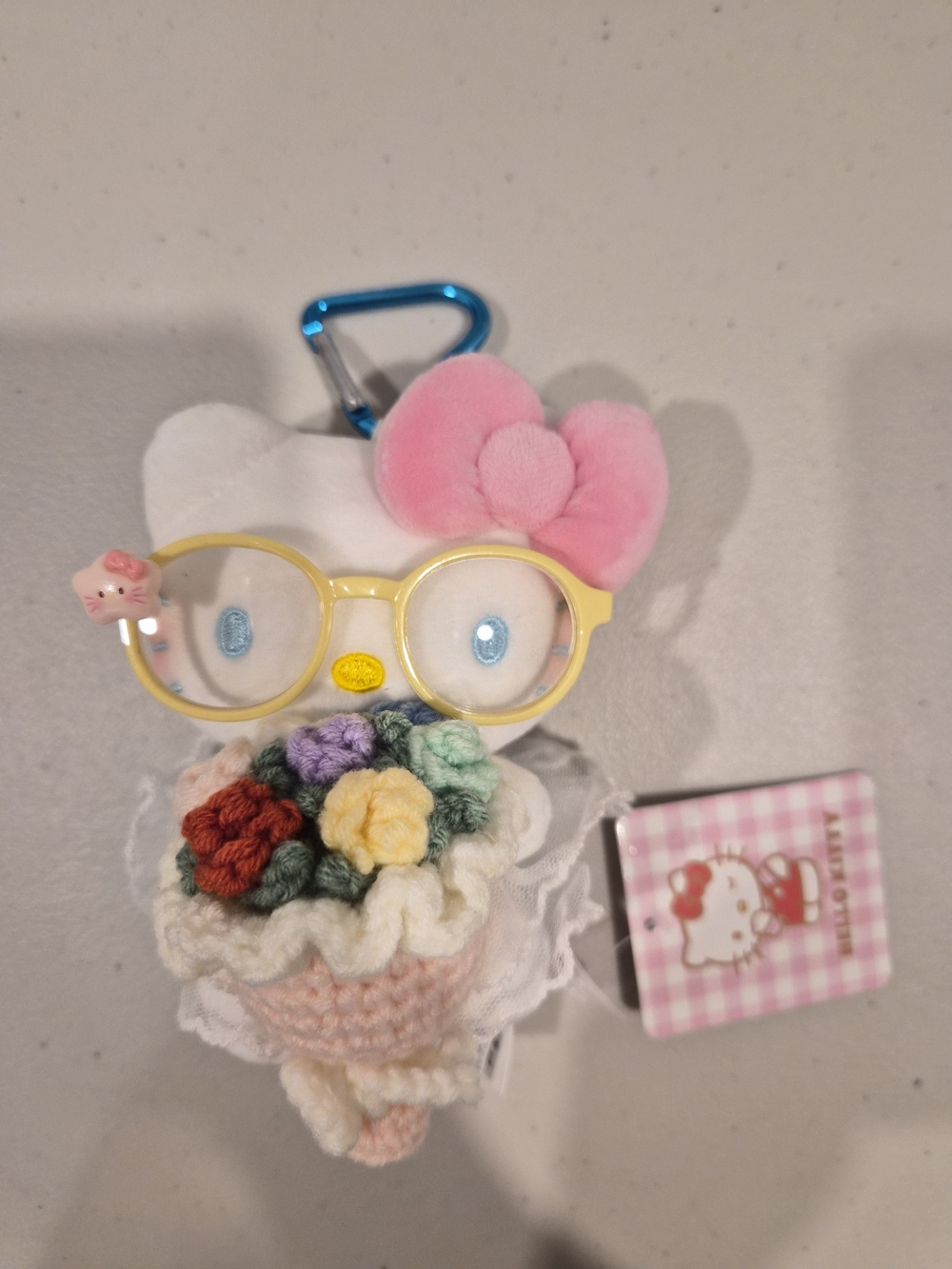 Hello Kitty Plush Keychain with Pink Bow and Yellow Glasses